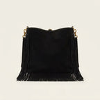 Black oversized fringe bag, front view
