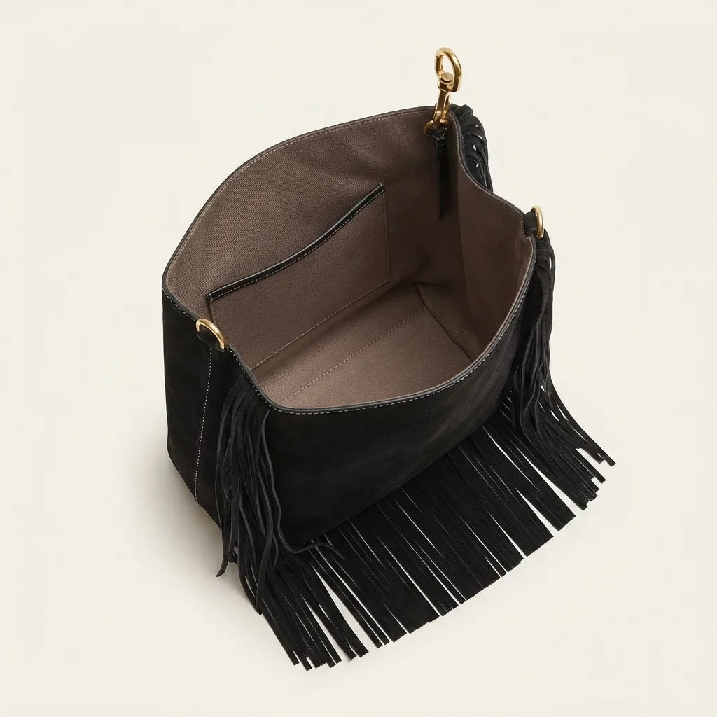 Interior lining and pockets of Black oversized fringe bag