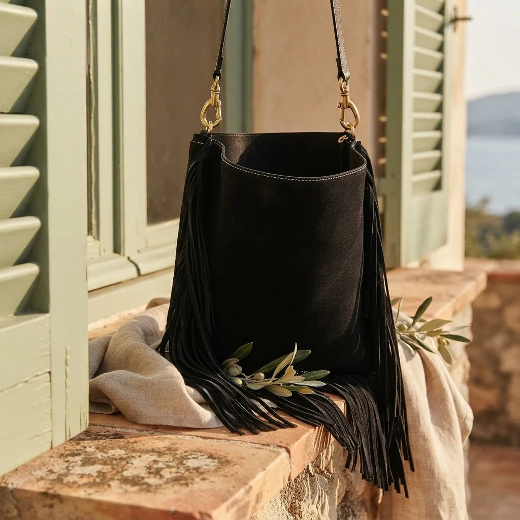 Black oversized fringe bag styled in a warm Mediterranean setting