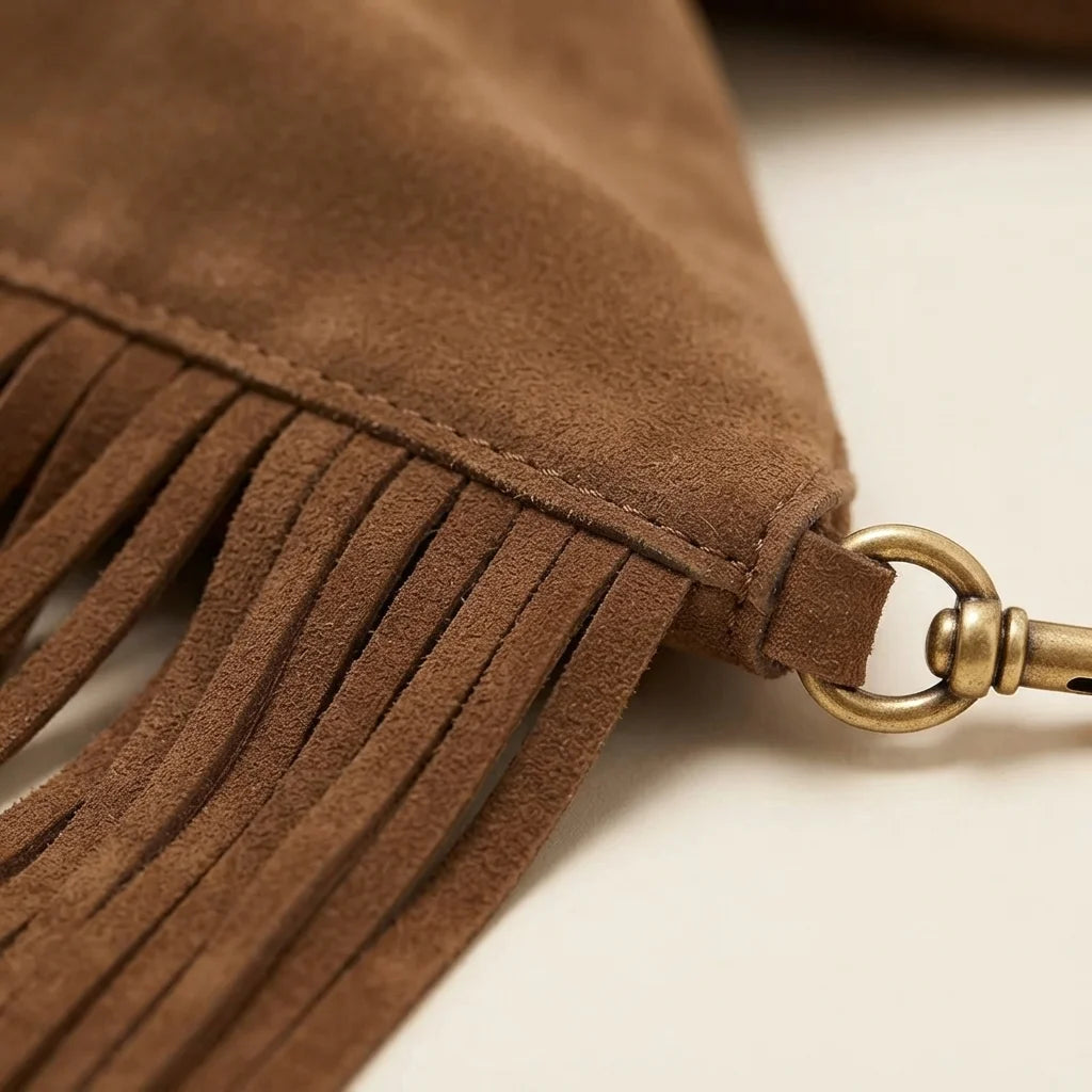 Close-up of fringe stitching and texture on Brown oversized fringe bag