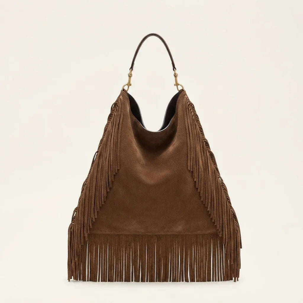Brown oversized fringe bag, front view