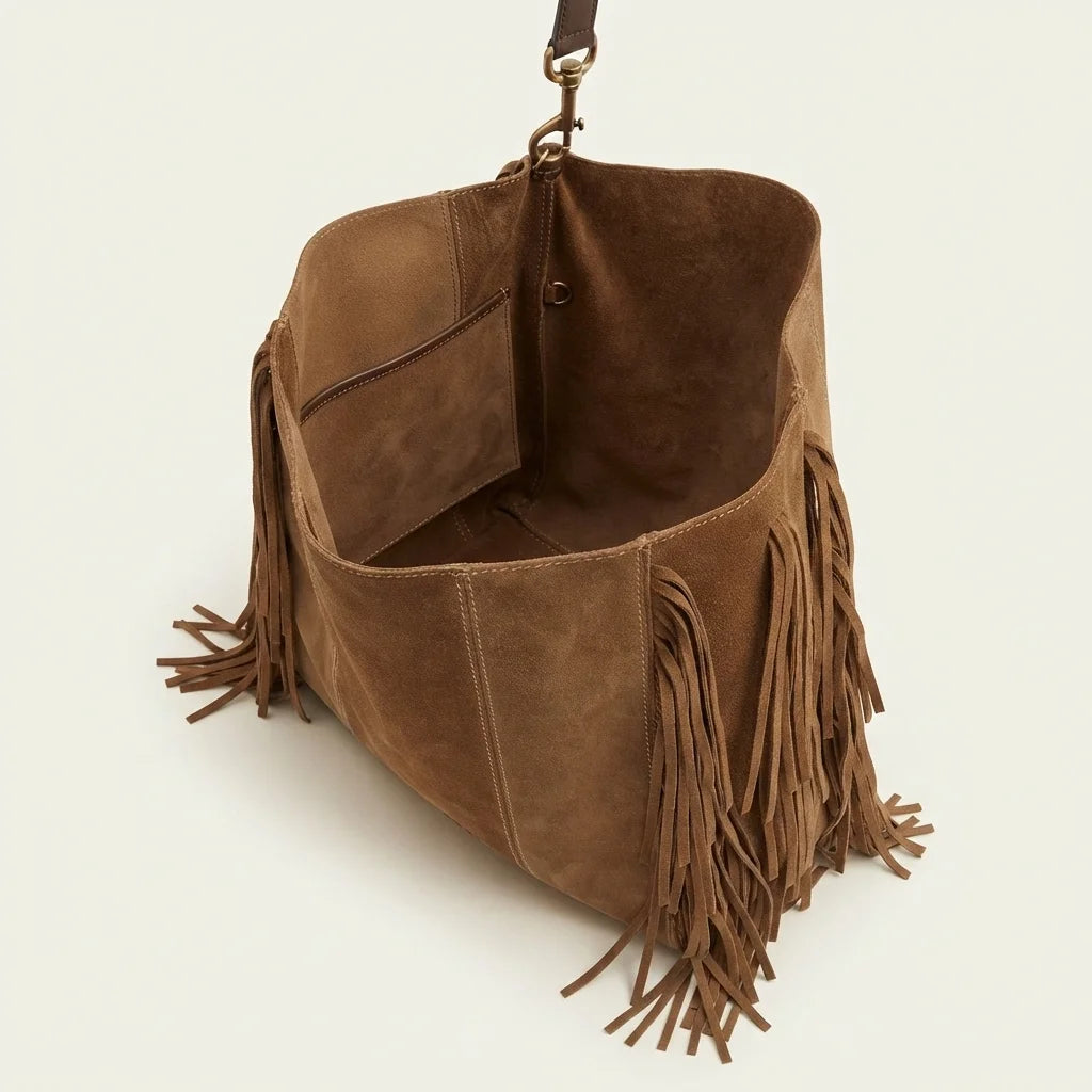 Interior lining and pockets of Brown oversized fringe bag