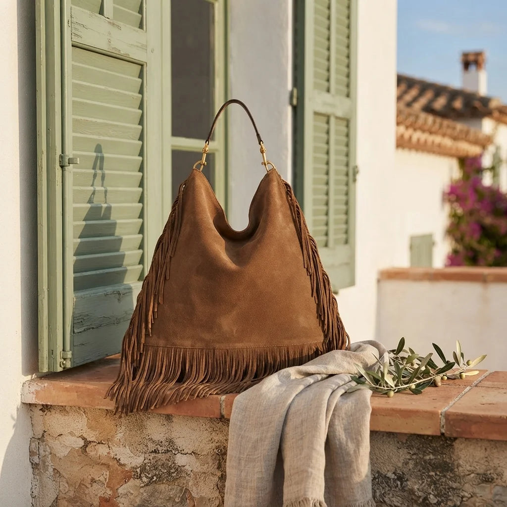 Brown oversized fringe bag styled in a warm Mediterranean setting