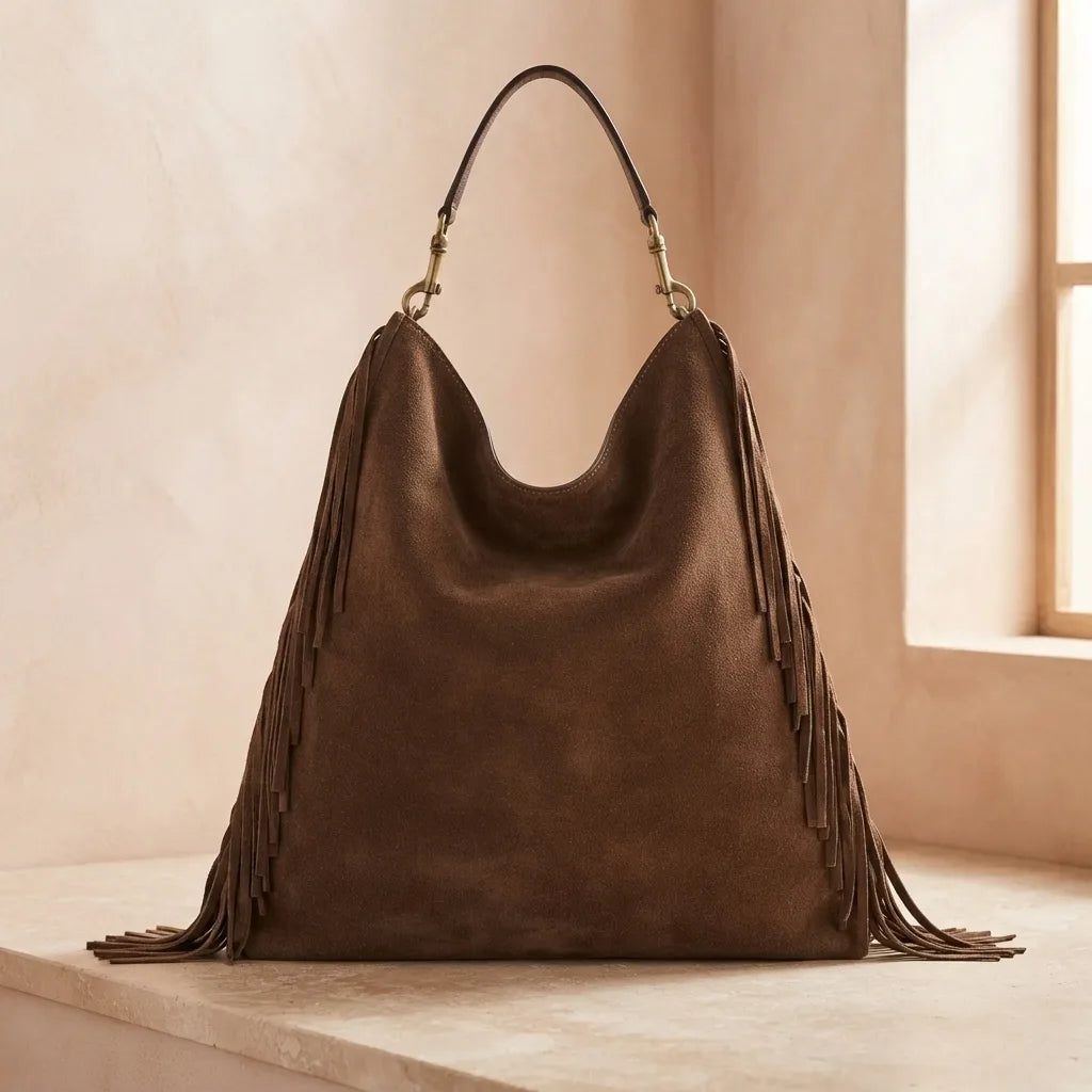 Back panel of Coffee oversized fringe bag with strap attachments
