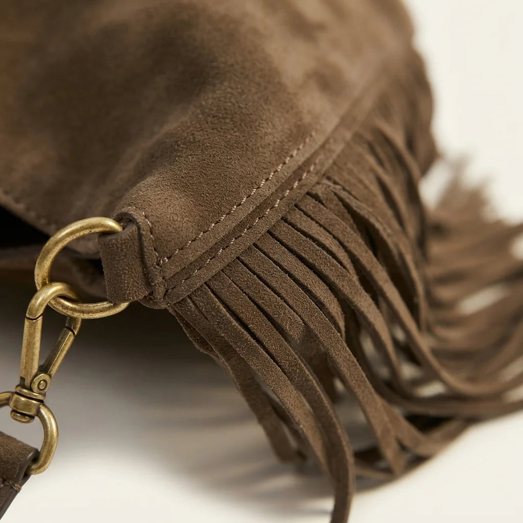 Close-up of fringe stitching and texture on Coffee oversized fringe bag