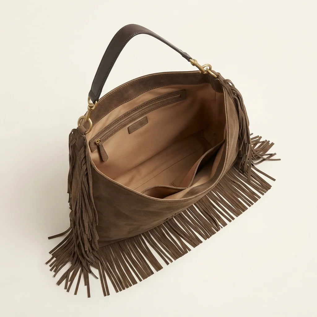 Interior lining and pockets of Coffee oversized fringe bag