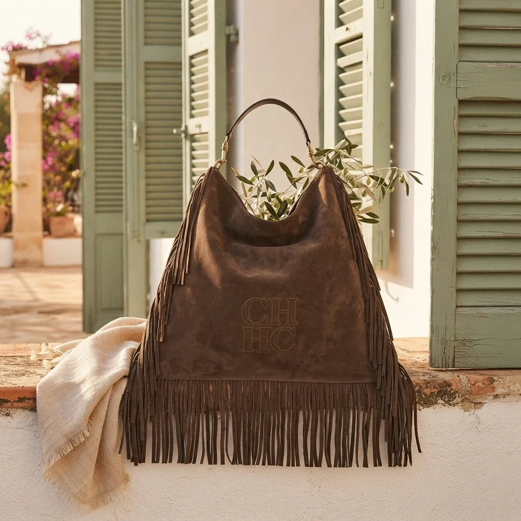Coffee oversized fringe bag styled in a warm Mediterranean setting