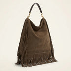 Coffee oversized fringe bag, three-quarter angle showing side depth