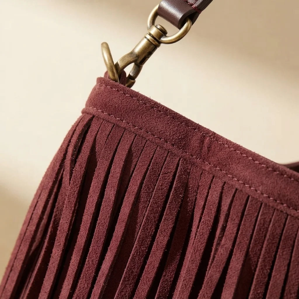 Close-up of fringe stitching and texture on Maroon oversized fringe bag