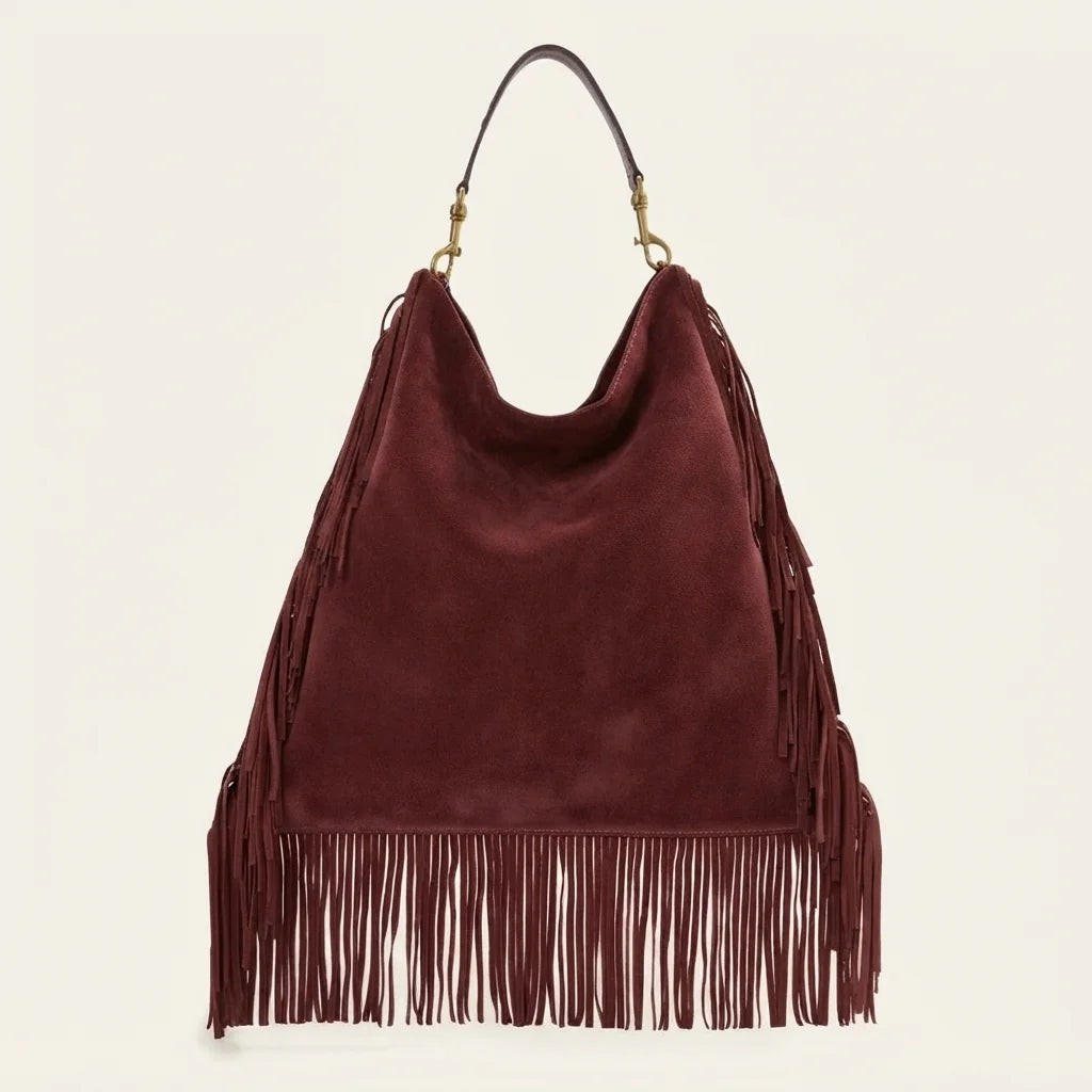 Maroon oversized fringe bag, front view