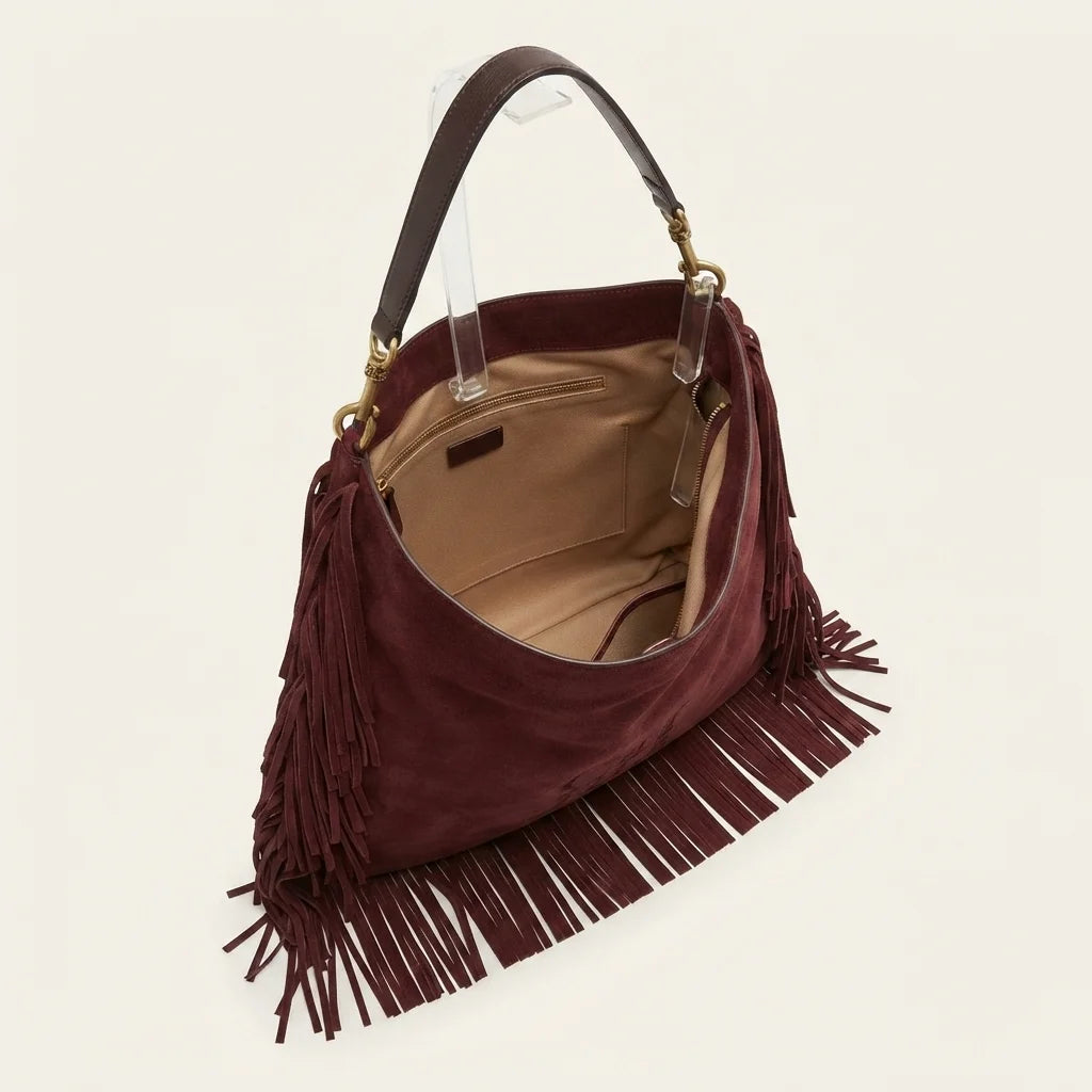Interior lining and pockets of Maroon oversized fringe bag