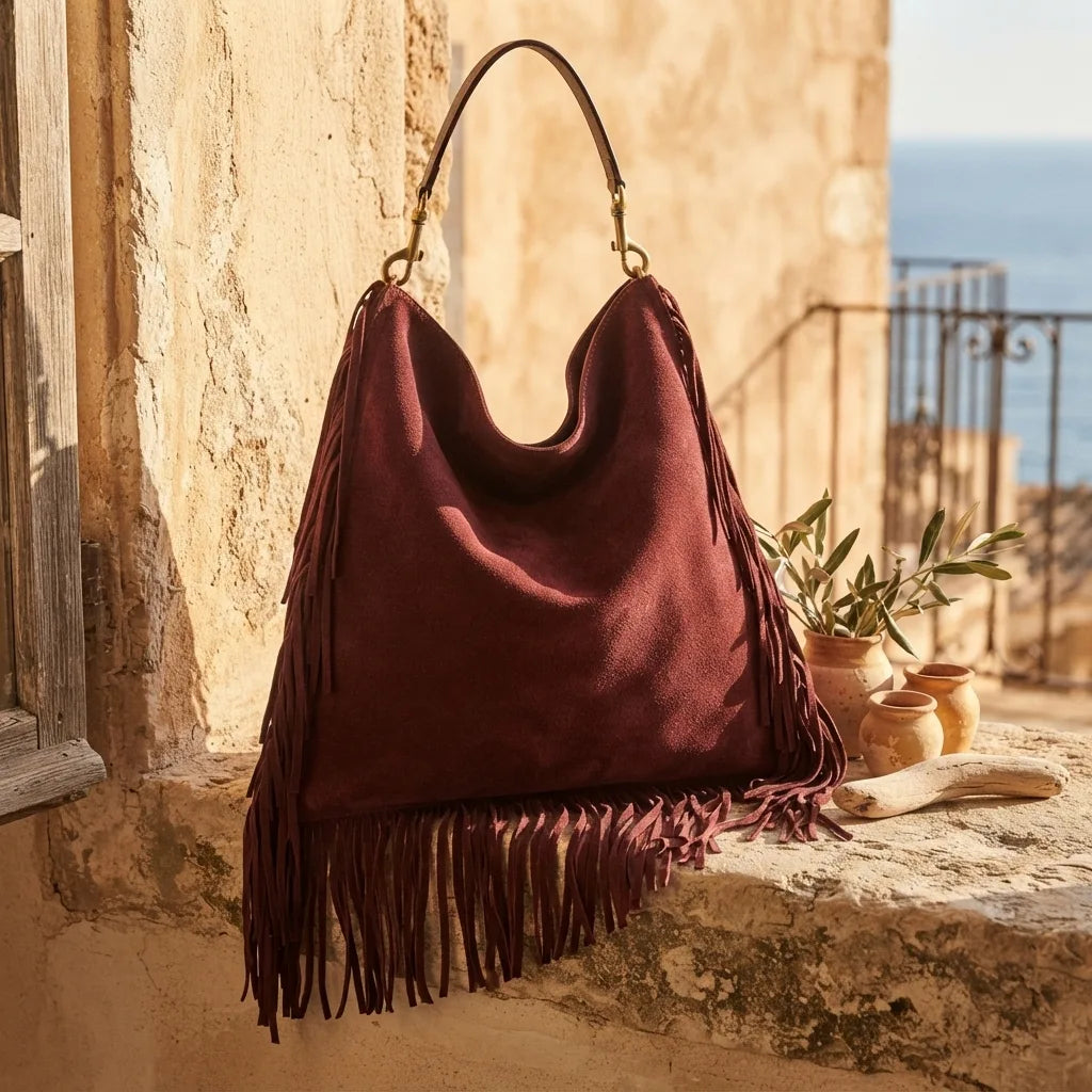 Maroon oversized fringe bag styled in a warm Mediterranean setting