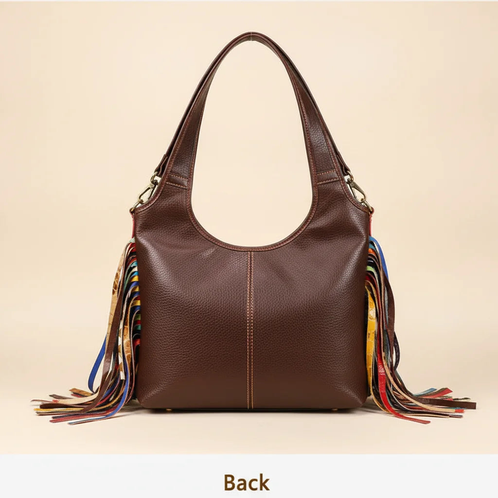 Back panel of Multicolor oversized fringe leather hobo bag with strap attachments