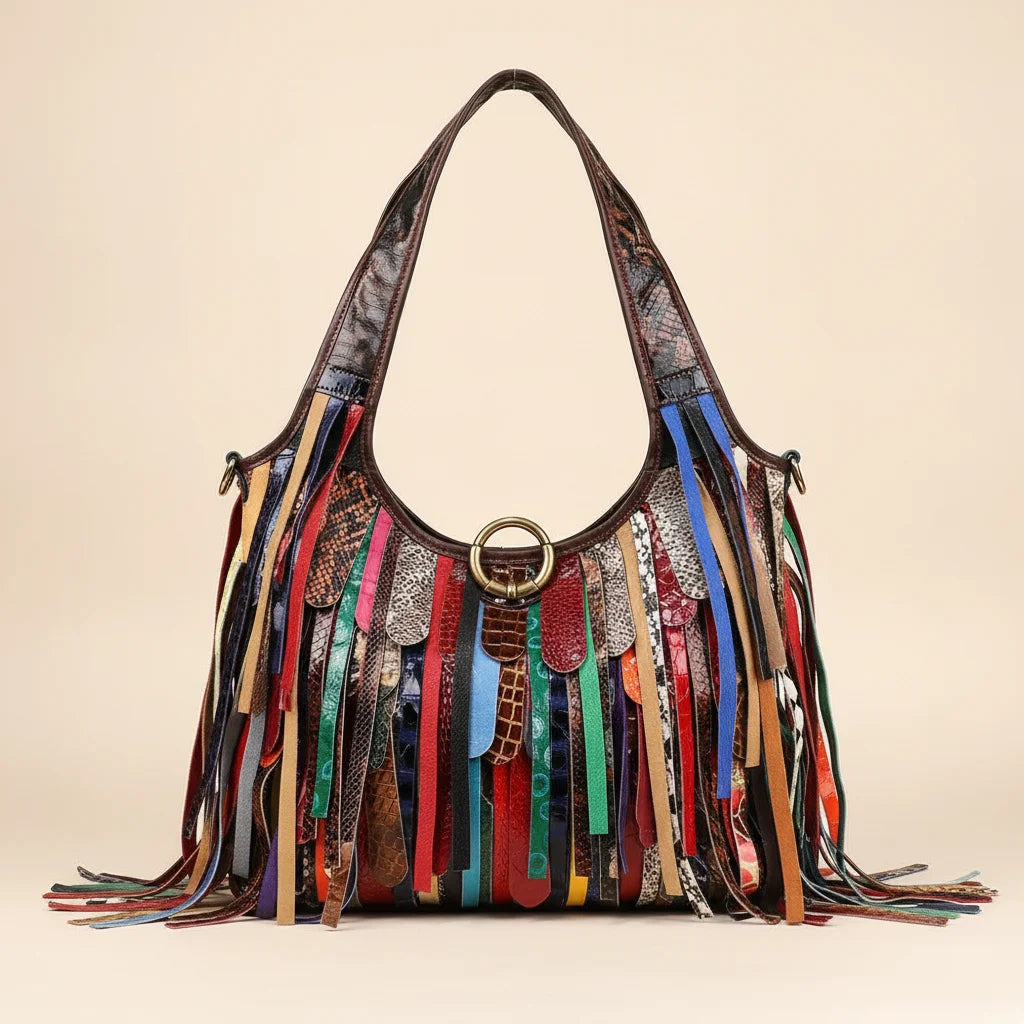 Multicolor oversized fringe leather hobo bag, front view