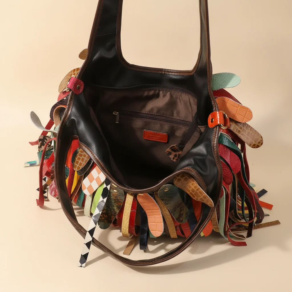 Interior lining and pockets of Multicolor oversized fringe leather hobo bag