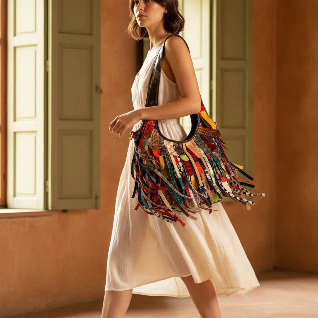 Woman wearing Multicolor oversized fringe leather hobo bag with swaying fringe