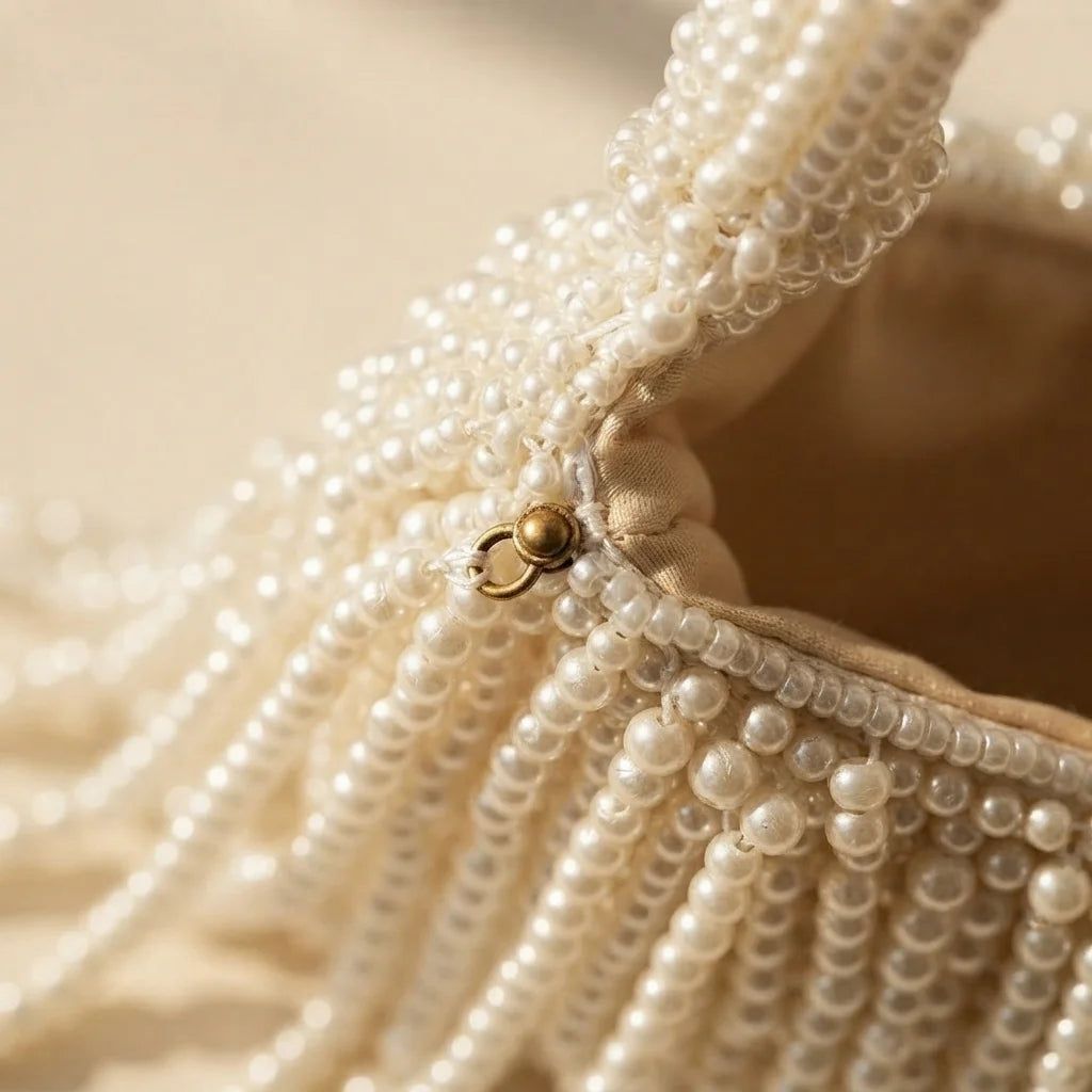 Close-up of fringe stitching and texture on White pearl fringe bag