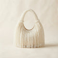 White pearl fringe bag, front view