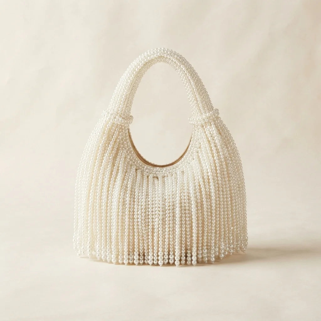 White pearl fringe bag, front view
