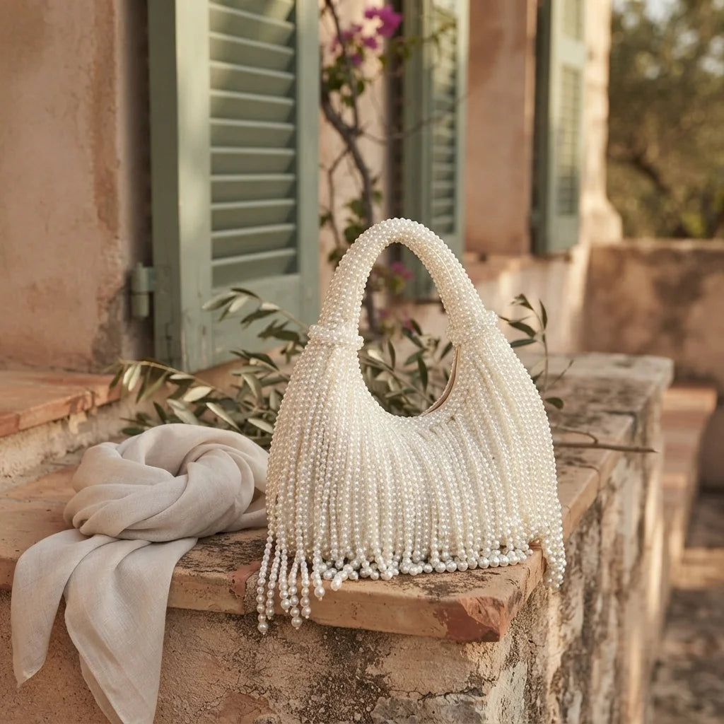 White pearl fringe bag styled in a warm Mediterranean setting