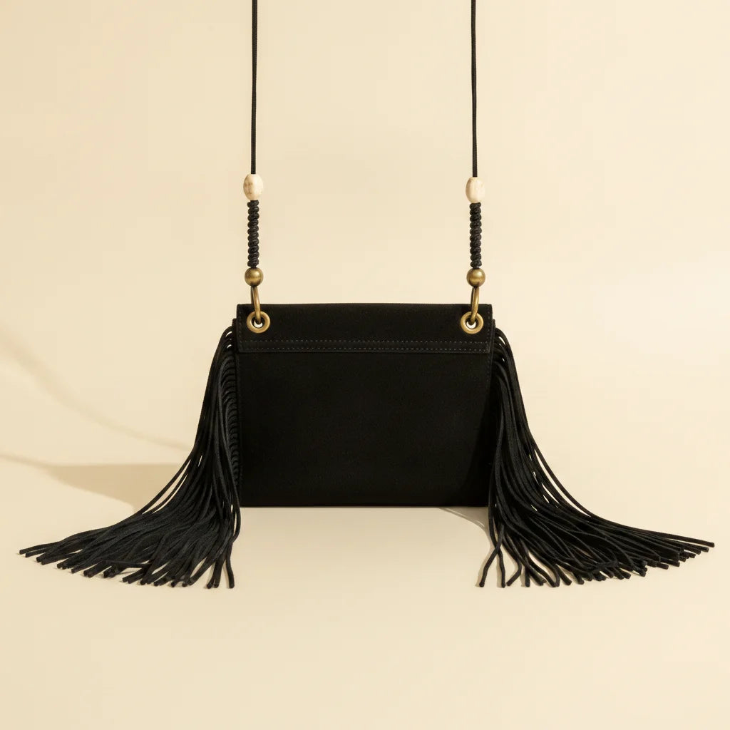 Back panel of Black pearl fringe clutch bag with strap attachments