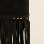 Close-up of fringe stitching and texture on Black pearl fringe clutch bag