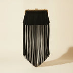 Black pearl fringe clutch bag, front view