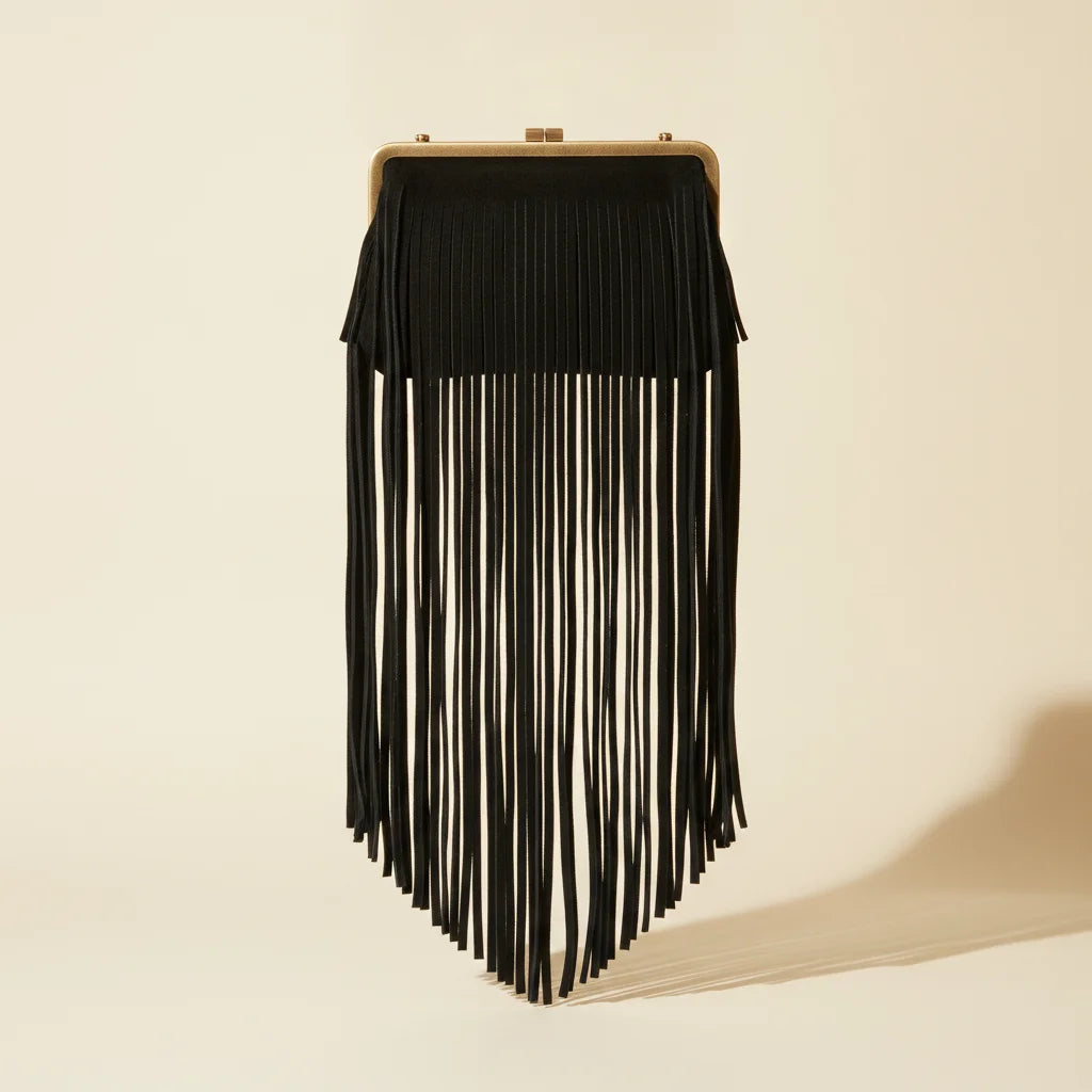 Black pearl fringe clutch bag, front view