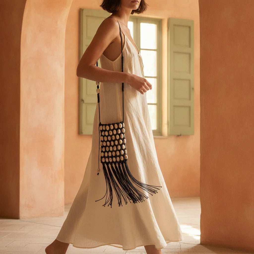 Woman wearing Black pearl fringe clutch bag with swaying fringe