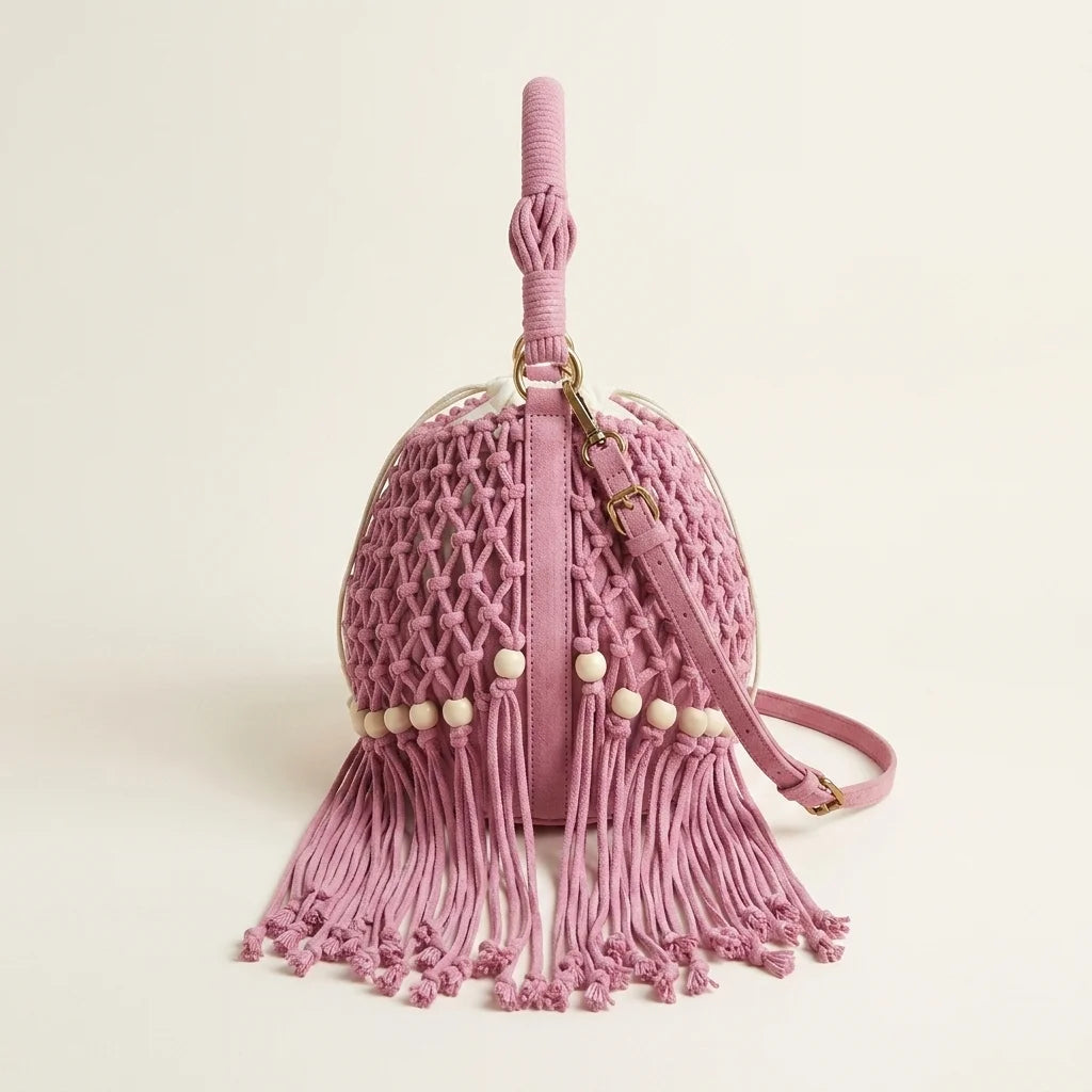 Back panel of Pink pink bucket bag with fringe with strap attachments