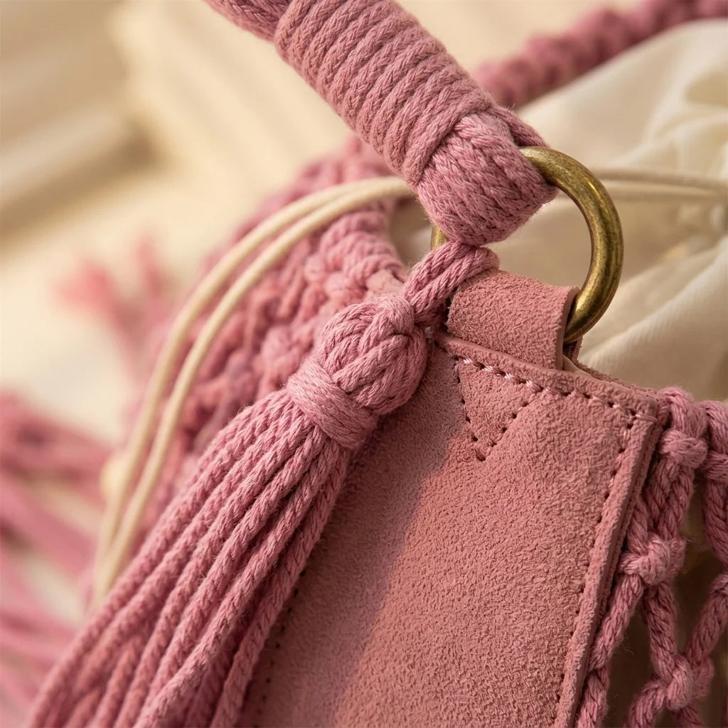 Close-up of fringe stitching and texture on Pink pink bucket bag with fringe