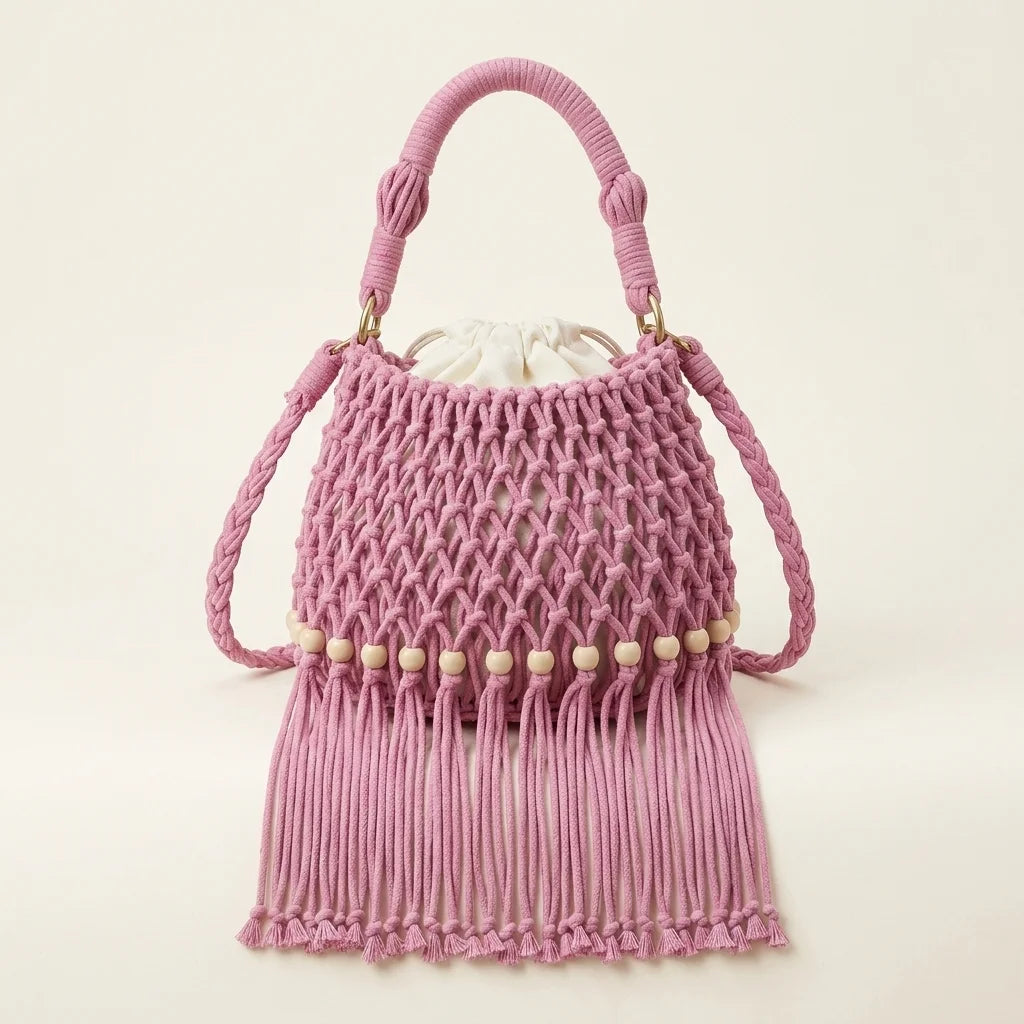 Pink pink bucket bag with fringe, front view