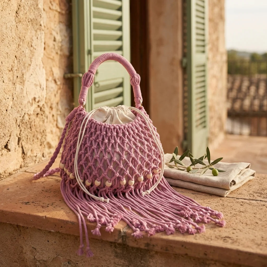Pink pink bucket bag with fringe styled in a warm Mediterranean setting