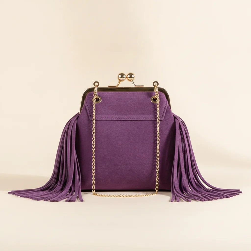 Back panel of Purple purple fringe clutch bag with strap attachments