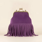 Purple purple fringe clutch bag, front view