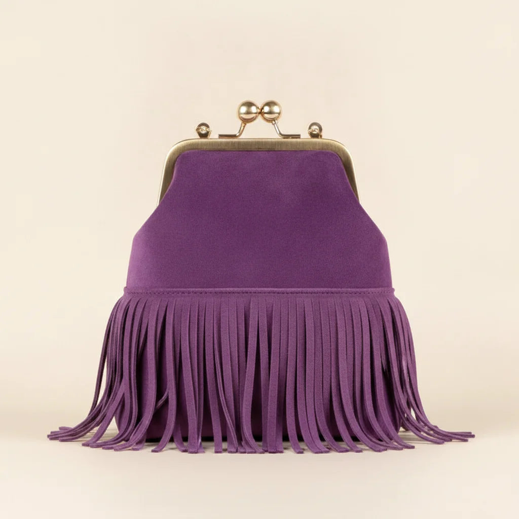 Purple purple fringe clutch bag, front view