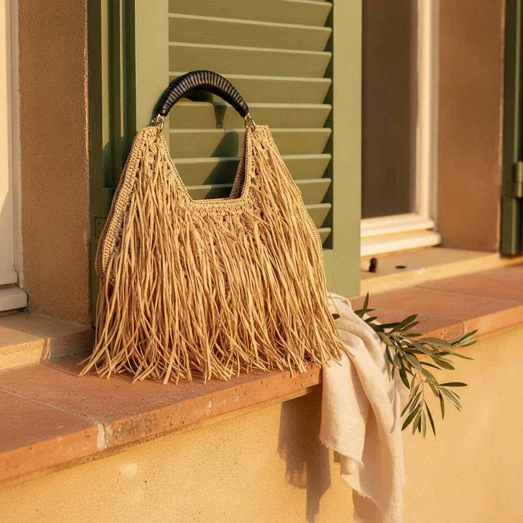Natural raffia fringe crescent bag styled in a warm Mediterranean setting