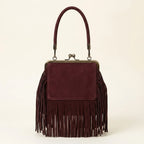 Back panel of Burgundy red fringe clutch bag with strap attachments