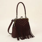 Burgundy red fringe clutch bag, three-quarter angle showing side depth