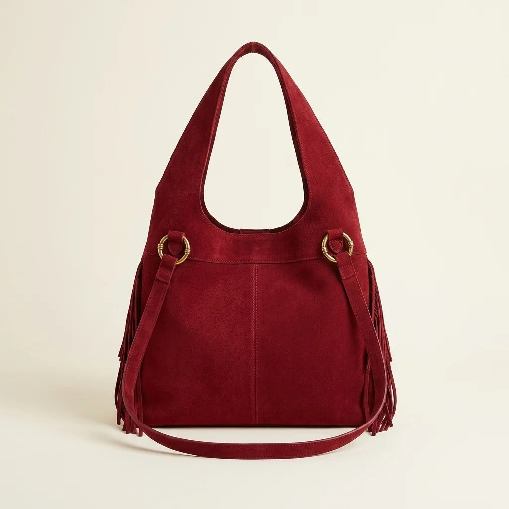 Back panel of Red red fringe crossbody bag with strap attachments