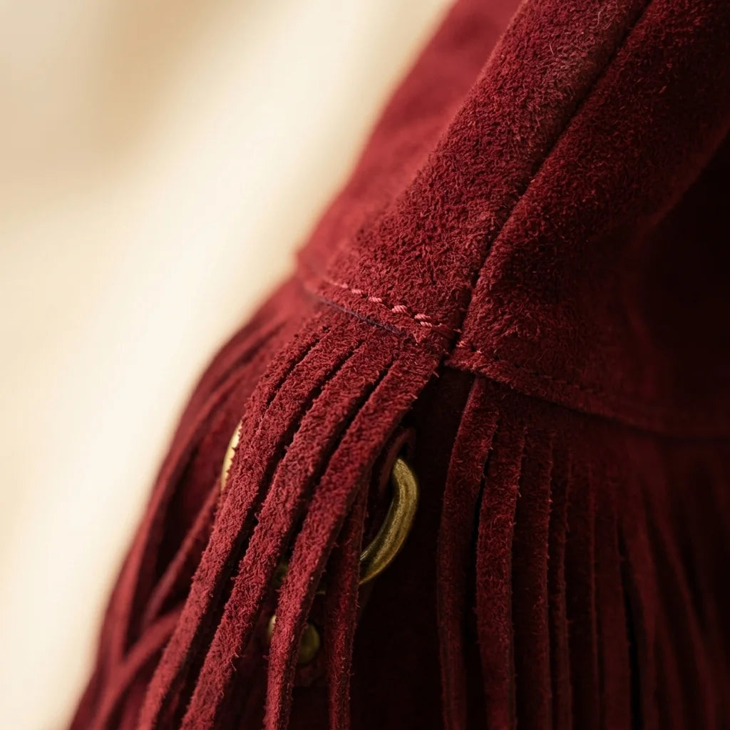 Close-up of fringe stitching and texture on Red red fringe crossbody bag