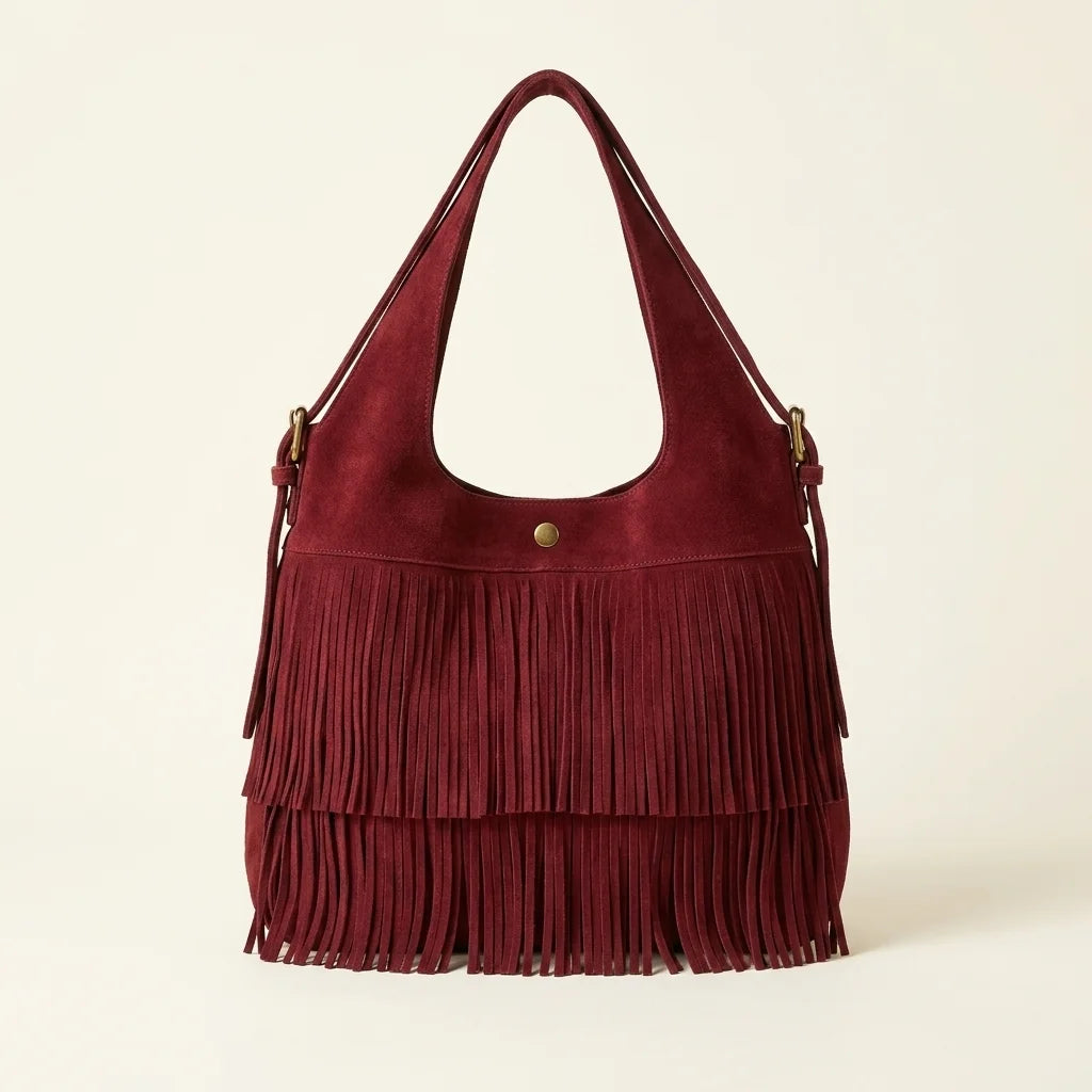 Red red fringe crossbody bag, front view