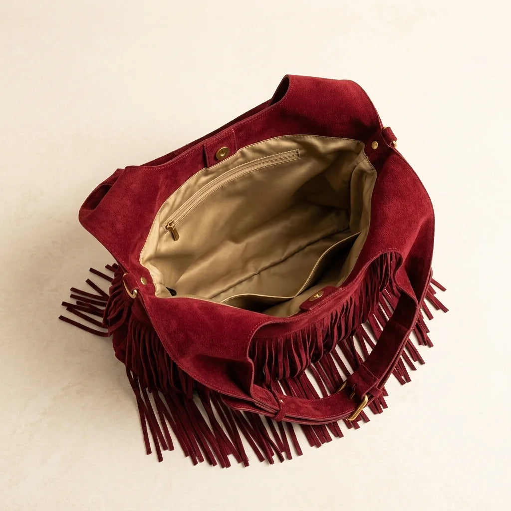 Interior lining and pockets of Red red fringe crossbody bag