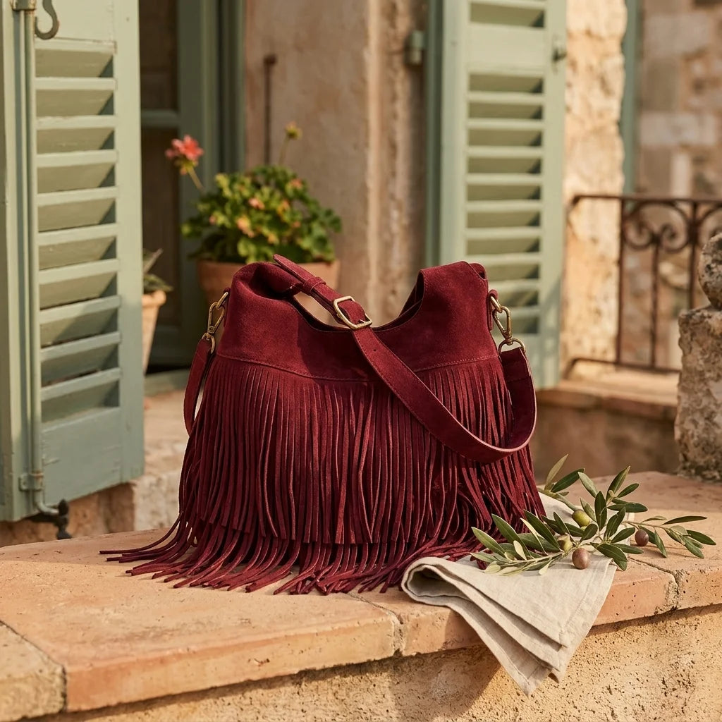 Red red fringe crossbody bag styled in a warm Mediterranean setting