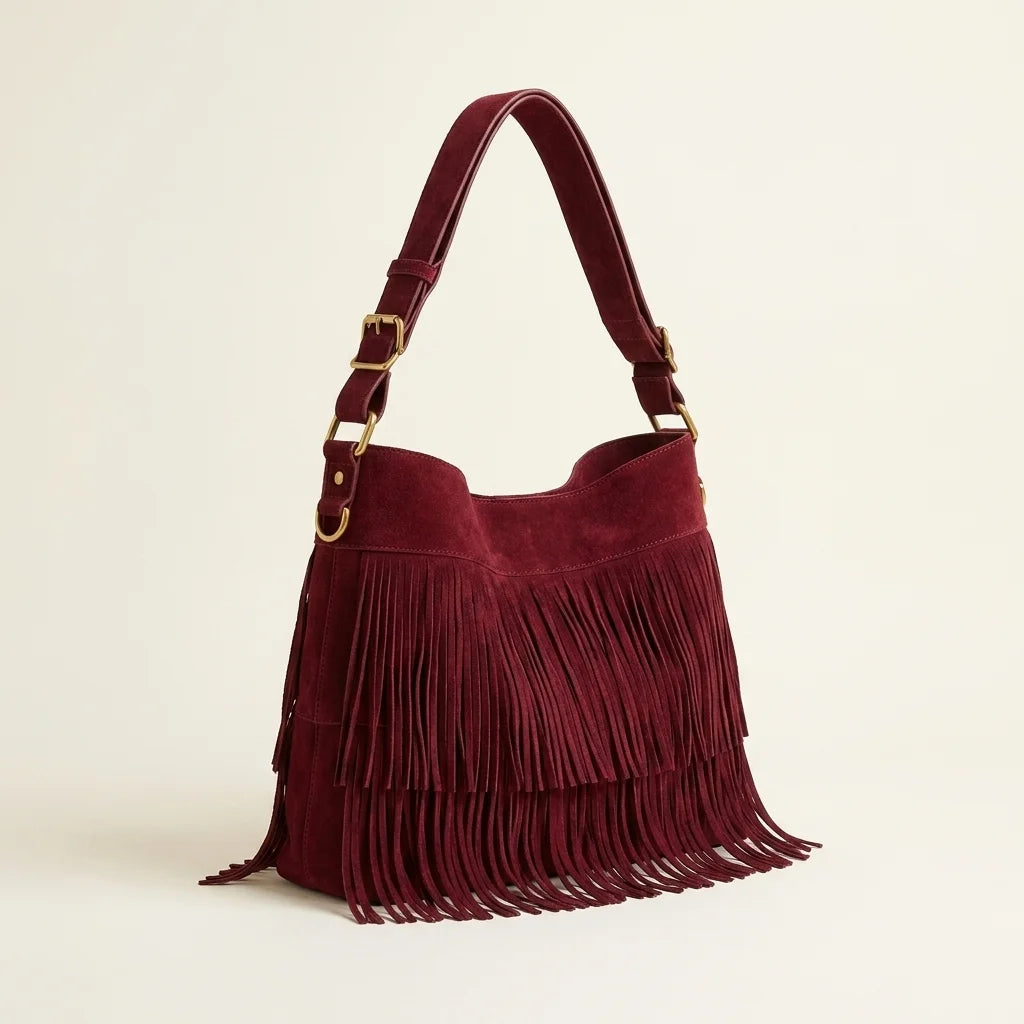 Red red fringe crossbody bag, three-quarter angle showing side depth