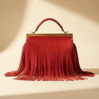 Back panel of Red red fringe evening bag with strap attachments