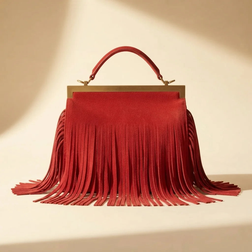 Back panel of Red red fringe evening bag with strap attachments