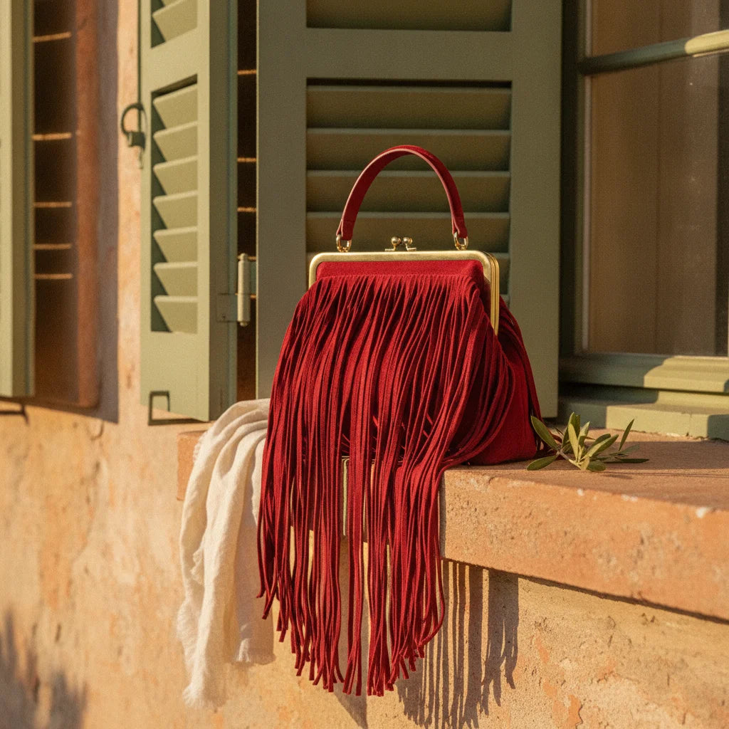 Red red fringe evening bag styled in a warm Mediterranean setting
