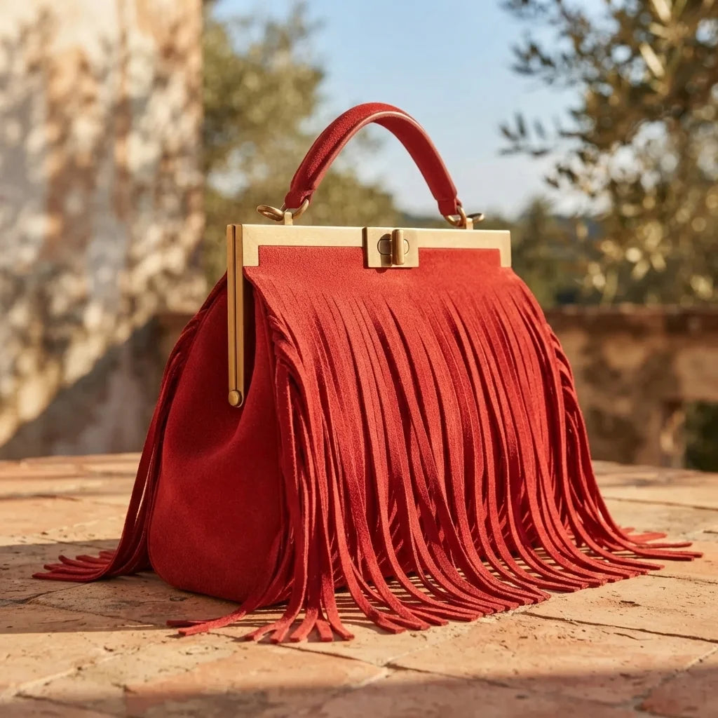 Red red fringe evening bag, three-quarter angle showing side depth