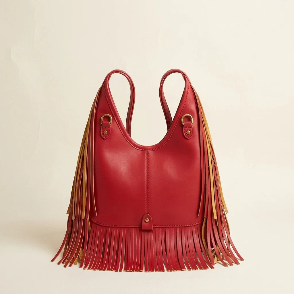 Back panel of Red red leather fringe bag with strap attachments